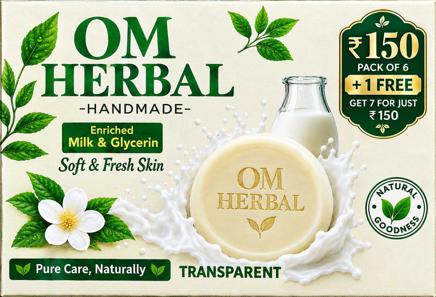 OM HERBAL soap pack — ₹150, pack of 6 plus 1 free